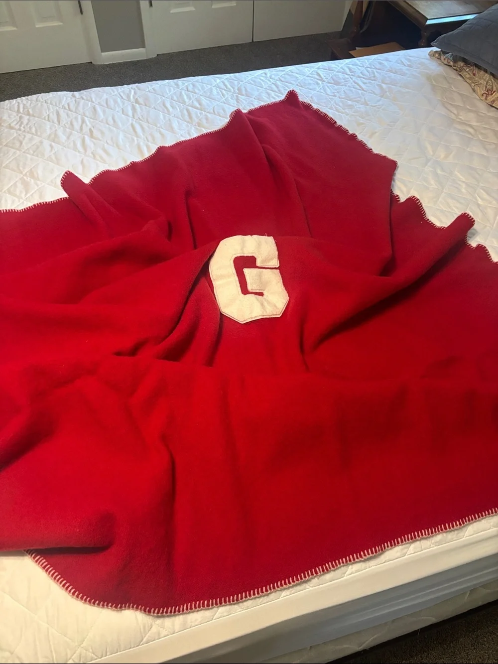 Wool Red Holiday Throw Blanket with White 'G' letter Amana Woolen Mills